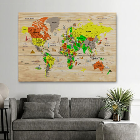 Ahşap Görünümlü ve Sembollü Türkçe Dünya Haritası Dekoratif Kanvas Tablo, Duvar Dekoru 2893