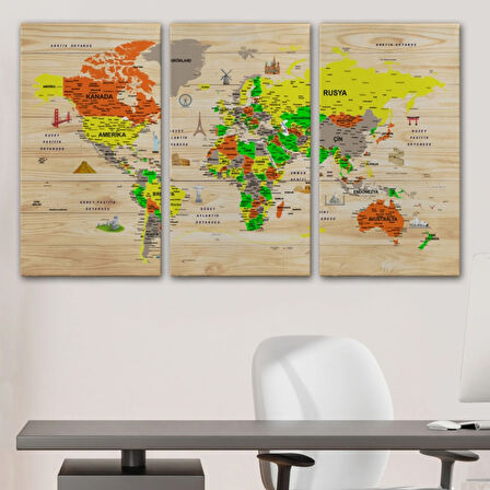 Ahşap Görünümlü ve Sembollü Türkçe Dünya Haritası Dekoratif Kanvas Tablo, Duvar Dekoru 2893