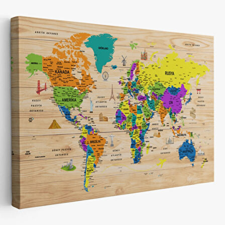 Ahşap Görünüm Sembollü  Türkçe Dünya Haritası Dekoratif Kanvas Tablo, Duvar Dekoru 2903