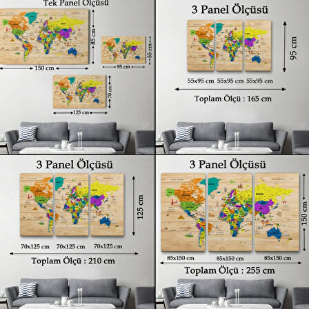 Ahşap Görünüm Sembollü  Türkçe Dünya Haritası Dekoratif Kanvas Tablo, Duvar Dekoru 2903
