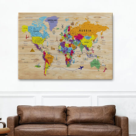 Ahşap Görünümlü ve Sembollü İngilizce Dünya Haritası Dekoratif Kanvas Tablo, Duvar Dekoru 2904