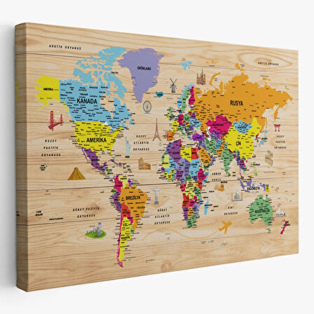 Ahşap Görünüm Sembollü  Türkçe Dünya Haritası Dekoratif Kanvas Tablo, Duvar Dekoru 2905