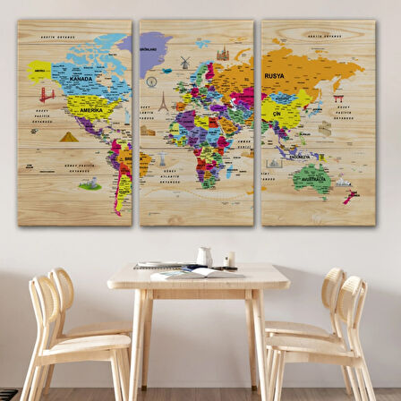 Ahşap Görünüm Sembollü  Türkçe Dünya Haritası Dekoratif Kanvas Tablo, Duvar Dekoru 2905