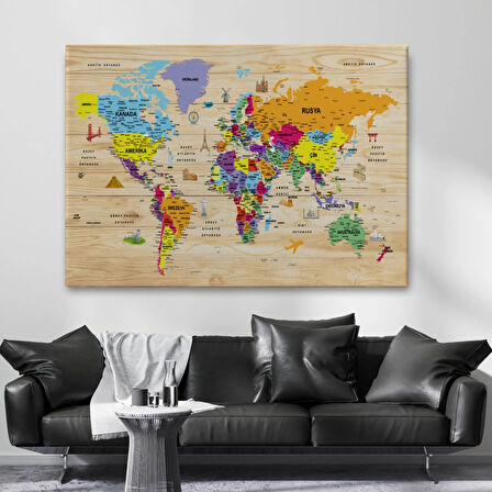 Ahşap Görünüm Sembollü  Türkçe Dünya Haritası Dekoratif Kanvas Tablo, Duvar Dekoru 2905