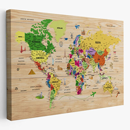 Ahşap Görünüm Sembollü  Türkçe Dünya Haritası Dekoratif Kanvas Tablo, Duvar Dekoru 2911