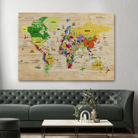 Ahşap Görünüm Sembollü  Türkçe Dünya Haritası Dekoratif Kanvas Tablo, Duvar Dekoru 2911