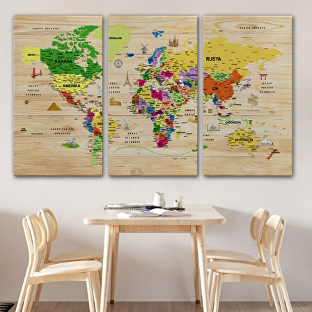 Ahşap Görünüm Sembollü  Türkçe Dünya Haritası Dekoratif Kanvas Tablo, Duvar Dekoru 2911