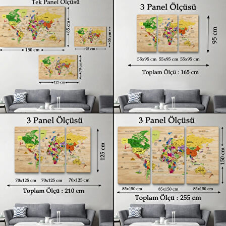 Ahşap Görünüm Sembollü  Türkçe Dünya Haritası Dekoratif Kanvas Tablo, Duvar Dekoru 2911