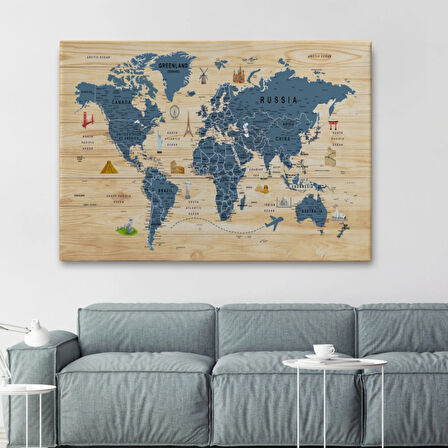 Ahşap Görünüm Sembollü  İngilizce Dünya Haritası Dekoratif Kanvas Tablo, Duvar Dekoru 2912