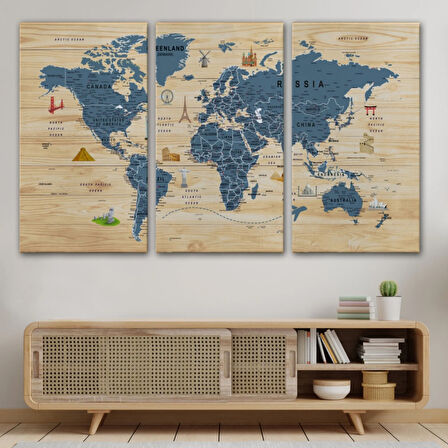 Ahşap Görünüm Sembollü  İngilizce Dünya Haritası Dekoratif Kanvas Tablo, Duvar Dekoru 2912