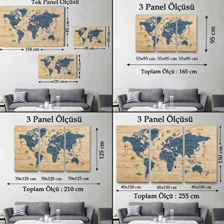 Ahşap Görünüm Sembollü  İngilizce Dünya Haritası Dekoratif Kanvas Tablo, Duvar Dekoru 2912