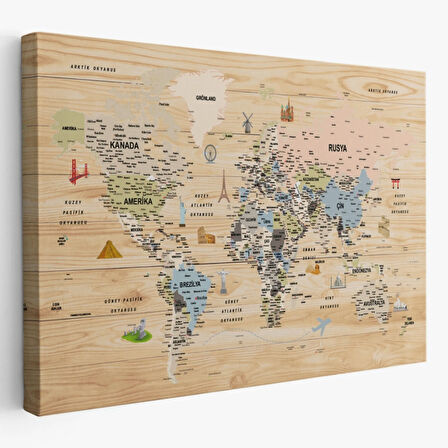 Ahşap Görünüm Sembollü  Türkçe Dünya Haritası Dekoratif Kanvas Tablo, Duvar Dekoru 2923