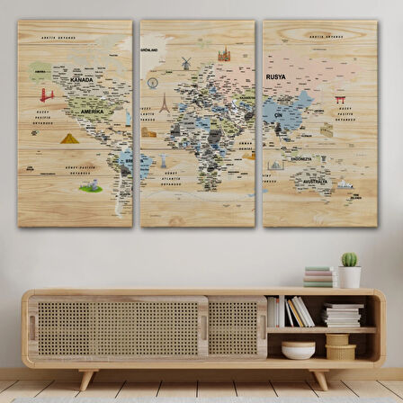 Ahşap Görünüm Sembollü  Türkçe Dünya Haritası Dekoratif Kanvas Tablo, Duvar Dekoru 2923