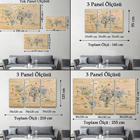 Ahşap Görünüm Sembollü  Türkçe Dünya Haritası Dekoratif Kanvas Tablo, Duvar Dekoru 2923