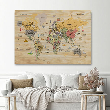 Ahşap Görünüm Sembollü  Türkçe Dünya Haritası Dekoratif Kanvas Tablo, Duvar Dekoru 2925