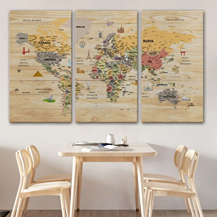 Ahşap Görünüm Sembollü  Türkçe Dünya Haritası Dekoratif Kanvas Tablo, Duvar Dekoru 2925