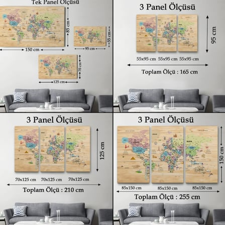 Ahşap Görünüm Sembollü  Türkçe Dünya Haritası Dekoratif Kanvas Tablo, Duvar Dekoru 2929