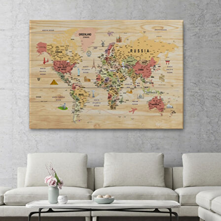 Ahşap Görünüm Sembollü  İngilizce Dünya Haritası Dekoratif Kanvas Tablo, Duvar Dekoru 2930