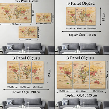 Ahşap Görünüm Sembollü  İngilizce Dünya Haritası Dekoratif Kanvas Tablo, Duvar Dekoru 2930