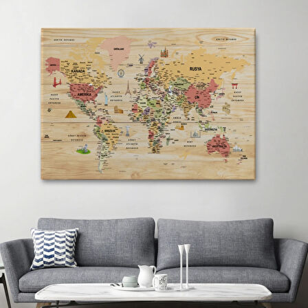 Ahşap Görünüm Sembollü  Türkçe Dünya Haritası Dekoratif Kanvas Tablo, Duvar Dekoru 2931