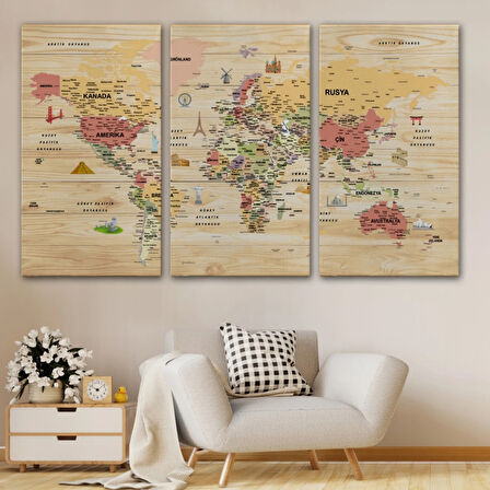 Ahşap Görünüm Sembollü  Türkçe Dünya Haritası Dekoratif Kanvas Tablo, Duvar Dekoru 2931