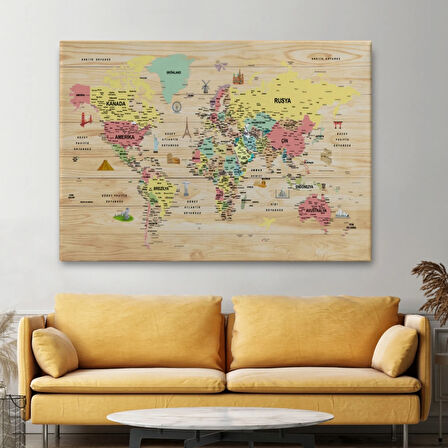 Ahşap Görünüm Sembollü  Türkçe Dünya Haritası Dekoratif Kanvas Tablo, Duvar Dekoru 2935