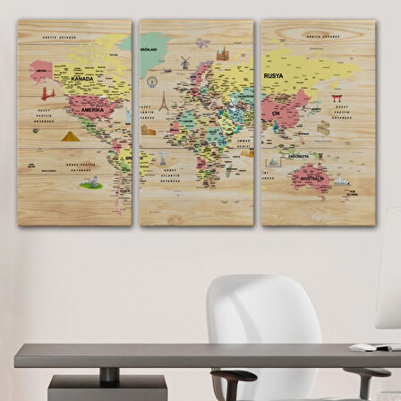 Ahşap Görünüm Sembollü  Türkçe Dünya Haritası Dekoratif Kanvas Tablo, Duvar Dekoru 2935