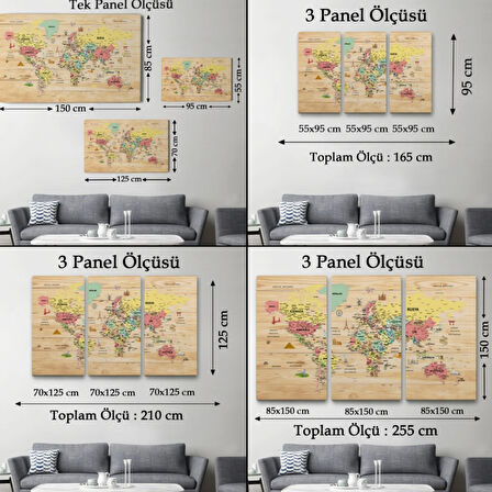 Ahşap Görünüm Sembollü  Türkçe Dünya Haritası Dekoratif Kanvas Tablo, Duvar Dekoru 2935