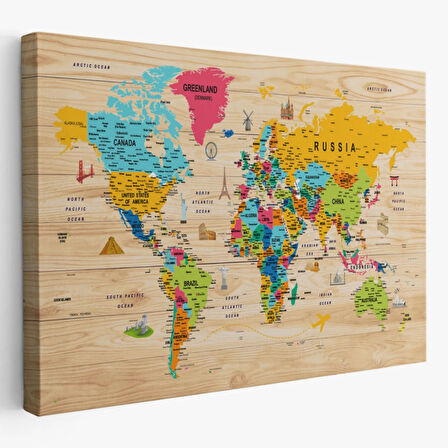 Ahşap Görünüm Sembollü  İngilizce Dünya Haritası Dekoratif Kanvas Tablo, Duvar Dekoru 2938