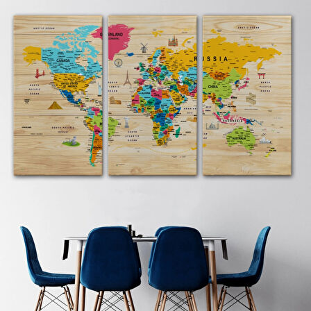 Ahşap Görünüm Sembollü  İngilizce Dünya Haritası Dekoratif Kanvas Tablo, Duvar Dekoru 2938