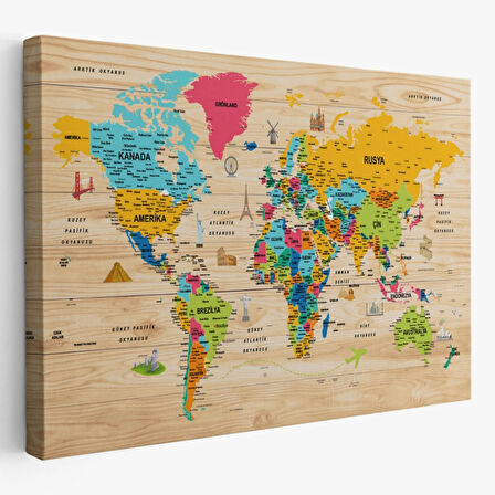 Ahşap Görünüm Sembollü  Türkçe Dünya Haritası Dekoratif Kanvas Tablo, Duvar Dekoru 2939