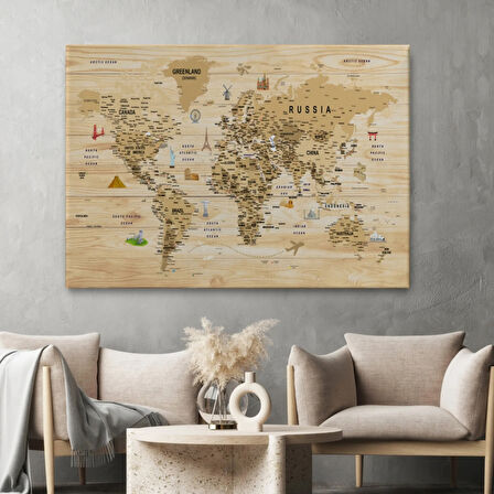 Ahşap Görünüm Sembollü  İngilizce Dünya Haritası Dekoratif Kanvas Tablo, Duvar Dekoru 2944