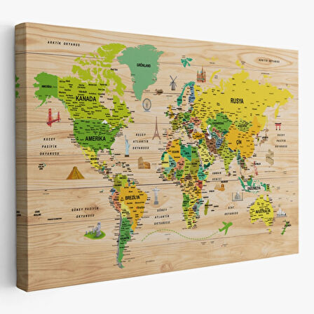 Ahşap Görünüm Sembollü  Türkçe Dünya Haritası Dekoratif Kanvas Tablo, Duvar Dekoru 2947