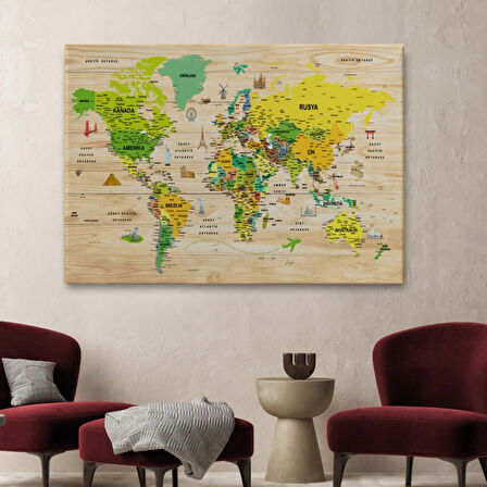 Ahşap Görünüm Sembollü  Türkçe Dünya Haritası Dekoratif Kanvas Tablo, Duvar Dekoru 2947