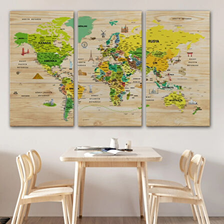 Ahşap Görünüm Sembollü  Türkçe Dünya Haritası Dekoratif Kanvas Tablo, Duvar Dekoru 2947