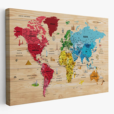 Ahşap Görünüm Sembollü  Türkçe Dünya Haritası Dekoratif Kanvas Tablo, Duvar Dekoru 2949