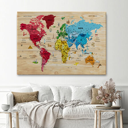 Ahşap Görünüm Sembollü  Türkçe Dünya Haritası Dekoratif Kanvas Tablo, Duvar Dekoru 2949