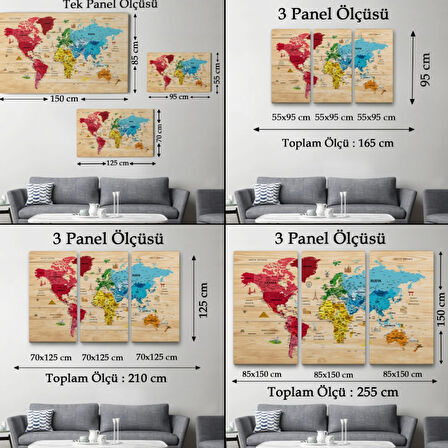 Ahşap Görünüm Sembollü  Türkçe Dünya Haritası Dekoratif Kanvas Tablo, Duvar Dekoru 2949