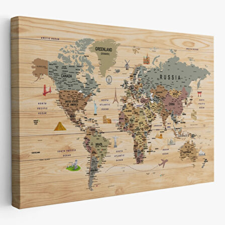 Ahşap Görünüm Sembollü  İngilizce Dünya Haritası Dekoratif Kanvas Tablo, Duvar Dekoru 2950