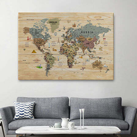 Ahşap Görünüm Sembollü  İngilizce Dünya Haritası Dekoratif Kanvas Tablo, Duvar Dekoru 2950