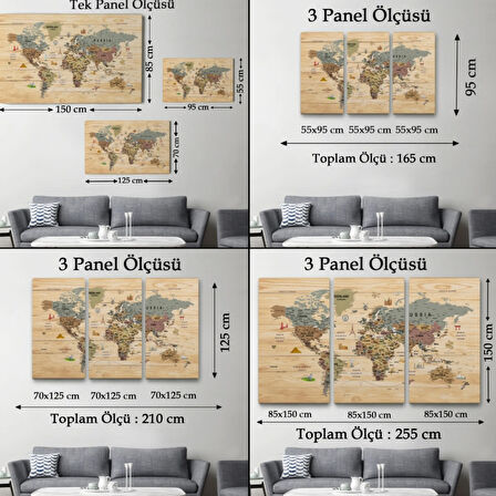 Ahşap Görünüm Sembollü  İngilizce Dünya Haritası Dekoratif Kanvas Tablo, Duvar Dekoru 2950