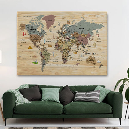 Ahşap Görünümlü ve Sembollü Türkçe Dünya Haritası Dekoratif Kanvas Tablo, Duvar Dekoru 2951