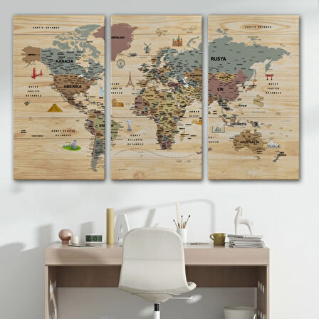 Ahşap Görünümlü ve Sembollü Türkçe Dünya Haritası Dekoratif Kanvas Tablo, Duvar Dekoru 2951