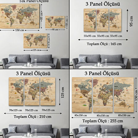 Ahşap Görünümlü ve Sembollü Türkçe Dünya Haritası Dekoratif Kanvas Tablo, Duvar Dekoru 2951