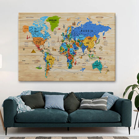 Ahşap Görünüm Sembollü  İngilizce Dünya Haritası Dekoratif Kanvas Tablo, Duvar Dekoru 2956