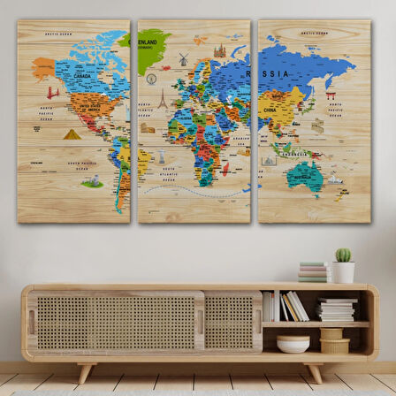 Ahşap Görünüm Sembollü  İngilizce Dünya Haritası Dekoratif Kanvas Tablo, Duvar Dekoru 2956