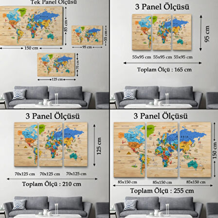 Ahşap Görünüm Sembollü  İngilizce Dünya Haritası Dekoratif Kanvas Tablo, Duvar Dekoru 2956