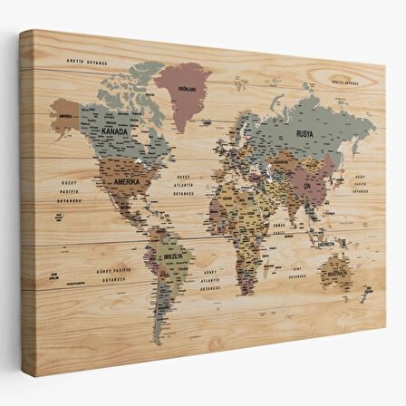 Ahşap Görünüm Detaylı Öğretici Türkçe Dünya Haritası Dekoratif Kanvas Tablo, Duvar Dekoru 2991