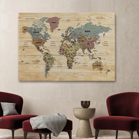 Ahşap Görünüm Detaylı Öğretici Türkçe Dünya Haritası Dekoratif Kanvas Tablo, Duvar Dekoru 2991