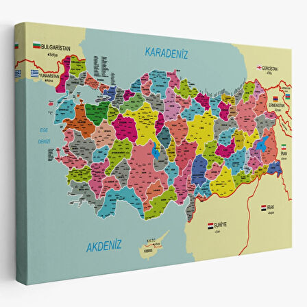 Komşulu İl ve İlçe Detaylı Türkiye Haritası, Harita Dekoratif Kanvas Tablo, Duvar Dekoru 2996